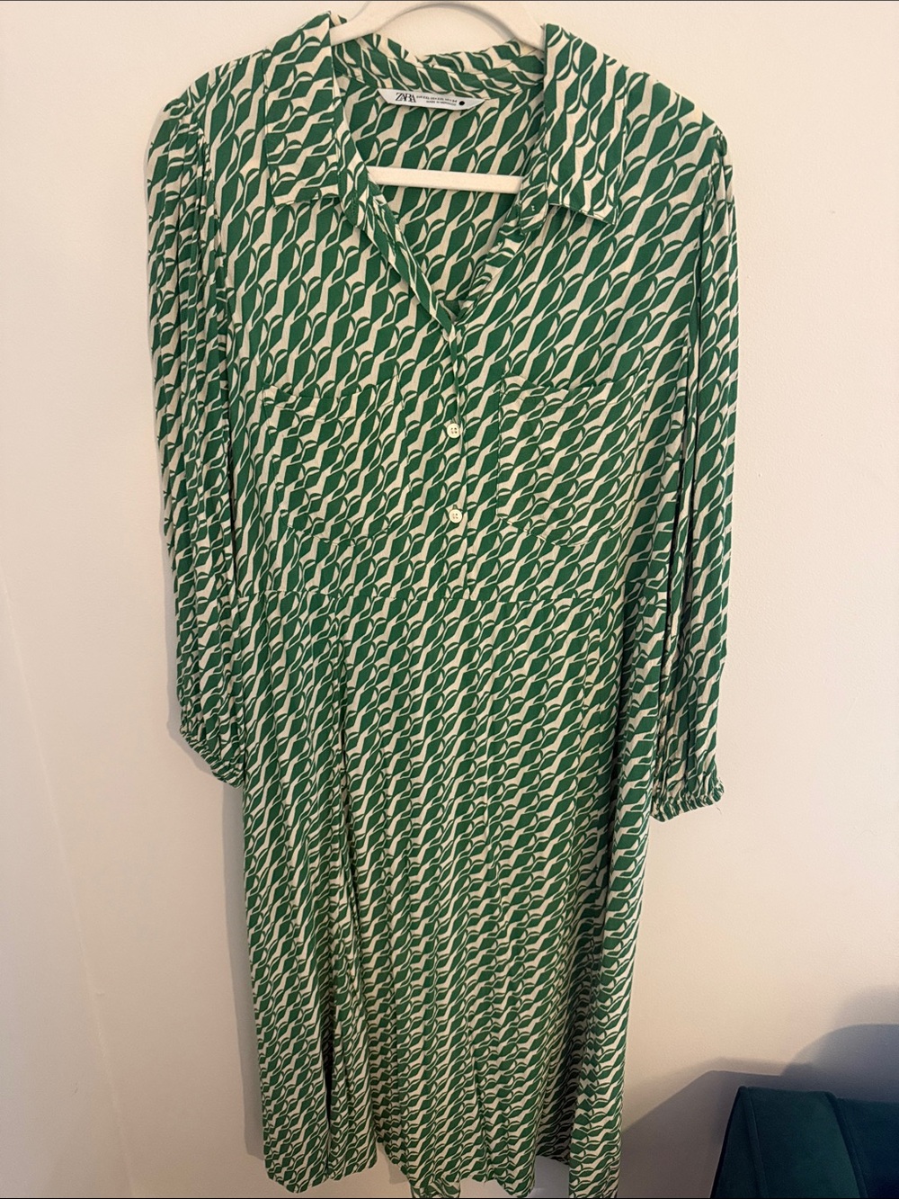 Zara Green & White Printed Long-Sleeve Shirt Dress